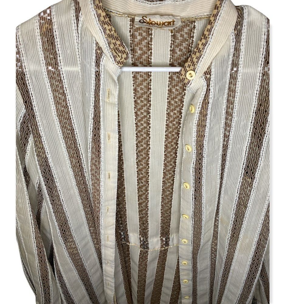 E Stewart button down tan nude vertical textured panels womens size 12, Large